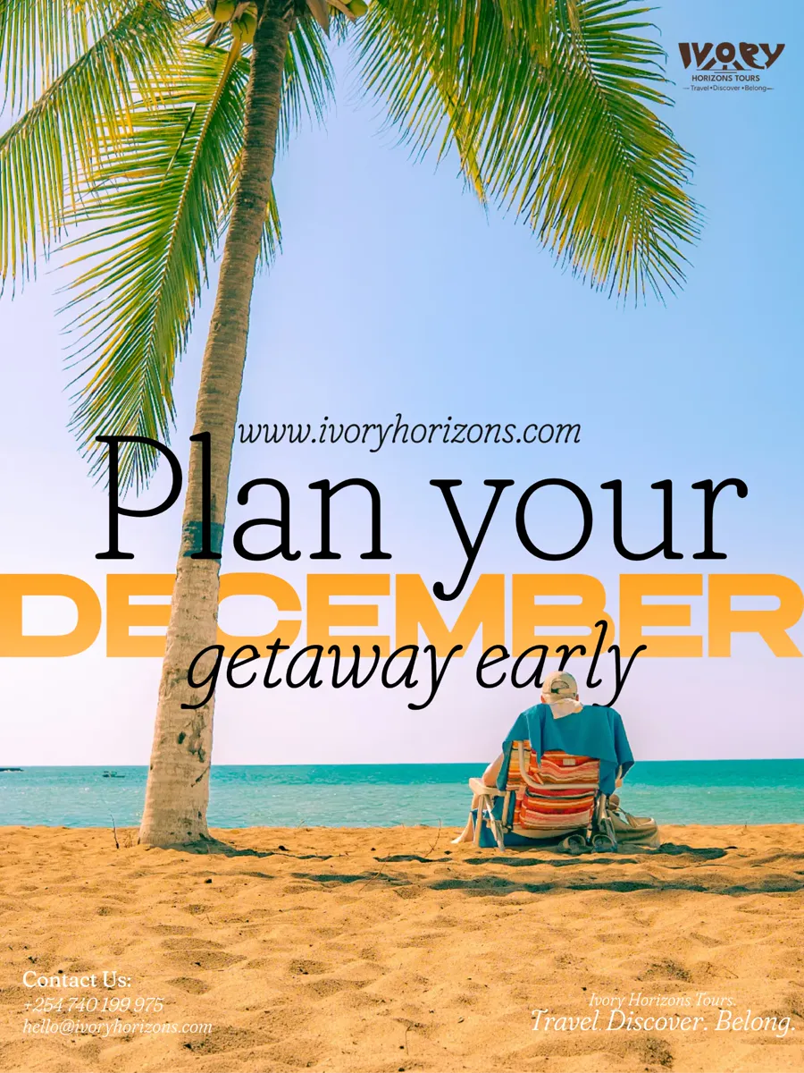 A traveller relaxing on a beach chair under a palm tree facing the ocean, with the words Plan your December getaway early