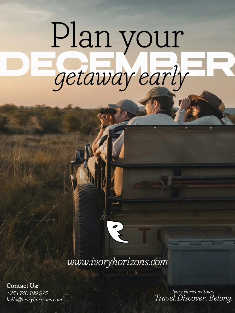 Travellers watching the savannah at dusk from a safari vehicle, with the words Plan your December getaway early