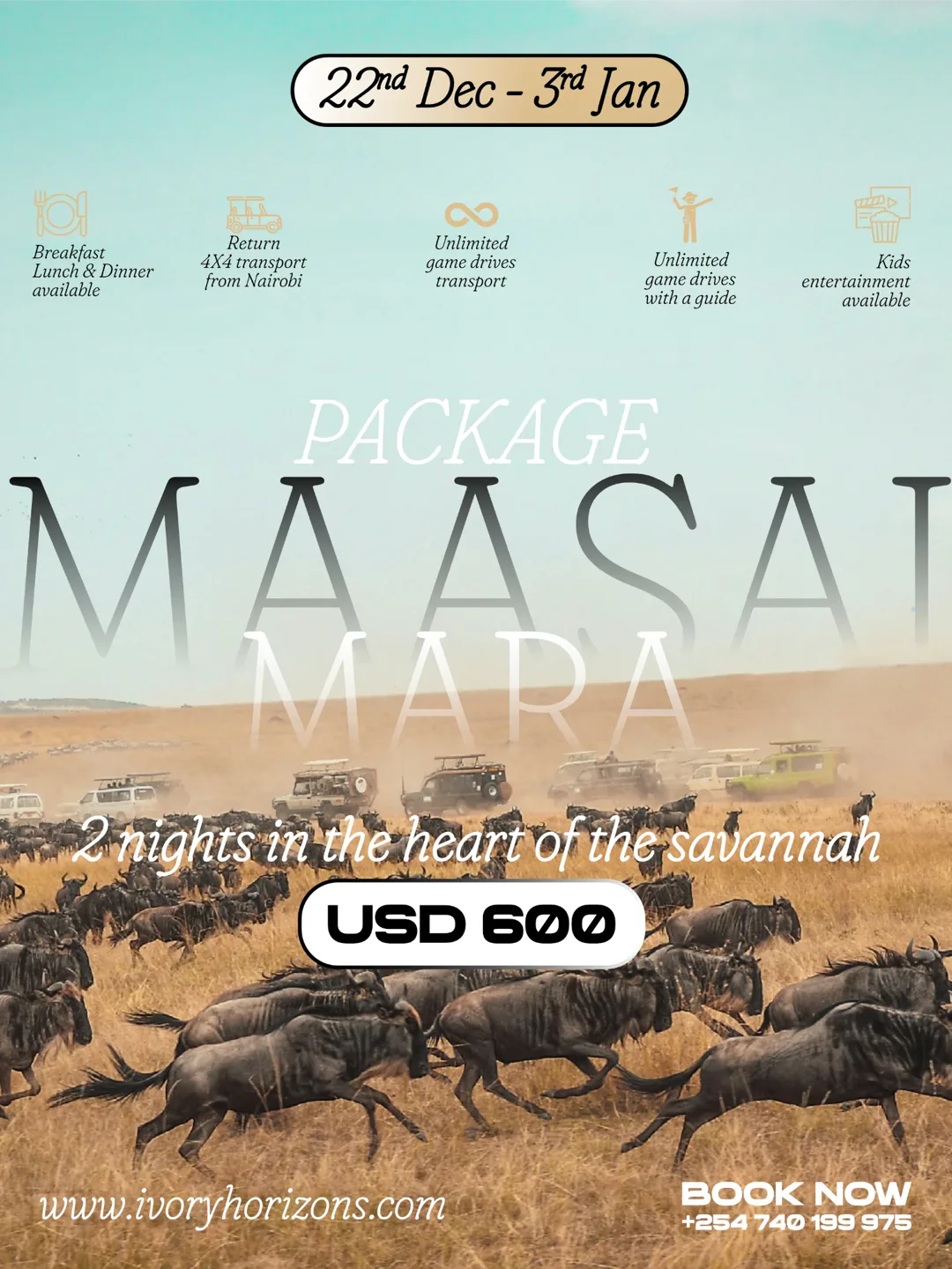 Masai Mara Package poster: wildebeest running across the savannah, 2 nights in the heart of the savannah, USD 600