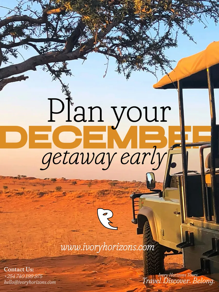 A safari vehicle on red earth beneath an acacia tree, with the words Plan your December getaway early