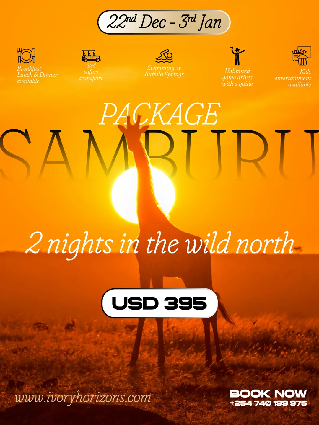 Samburu Package poster: a giraffe silhouetted against a setting sun, 2 nights in the wild north, USD 395